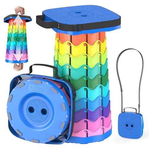 Guioiby Upgraded Collapsible Stool, Portable Folding Stool, Telescoping Camping Chair with Max Load Capacity 485lbs, Square Retractable Stool for Camping Gardening Fishing Hiking BBQ [Rainbow+Blue] - Image 1