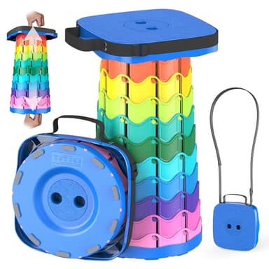 Guioiby Upgraded Collapsible Stool, Portable Folding Stool, Telescoping Camping Chair with Max Load Capacity 485lbs, Square Retractable Stool for Camping Gardening Fishing Hiking BBQ [Rainbow+Blue] - Image 1