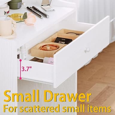 LIKIMIO Small Makeup Vanity Desk with Mirror and Lights, Vanity Table Set with Storage Drawer, Chair and Three Shelves, Bedroom, White - Image 6