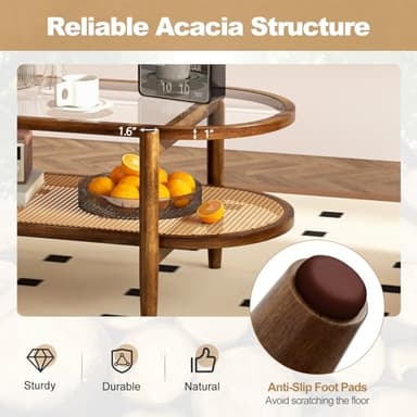 Giantex Rattan Coffee Table, 2-Tier Oval Acacia Wood Tea Table w/Tempered Glass Tabletop & PE Rattan Storage Shelf, Boho Cocktail Tables, Mid Century Modern Center Table for Living Room Office, Brown - Image 4