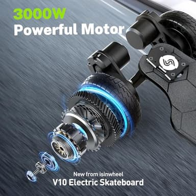 isinwheel V10 Electric Skateboard with Remote, 3000W Brushless Motor, 32 Mph Top Speed & 28 Miles Range, IP54 Waterproof, Electric Longboard Offroad for Adults ＆Teens with Ambient Light - Image 2