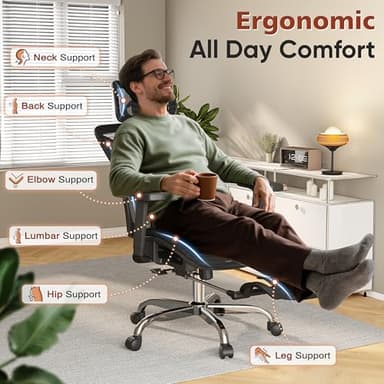 Ergonomic Office Chair with Foot Rest, Home Mesh Desk Chair with Adjustable Lumbar Support, 3D Armrest, 3D Headrest, 90°-135° Lockable Reclining Function, Comfy High Back Swivel Computer Gaming Chairs - Image 9