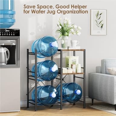 Housolution 2-Tier 5 Gallon Water Jug Holder with 2 Layers Wood Storage Shelves and 4 Slots, 5 Gallon Water Bottle Holder, Water Jug Stand, Water Jug Rack for Kitchen Office Living Room, Brown - Image 2