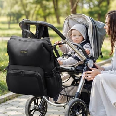 miss fong Diaper Bag Backpack - Baby Diaper Bag Neoprene Bag Large Capacity Neoprene Backpack with Diaper Changing Pad Pañaleras Para Bebe Baby Backpack with 12 Pockets for Mom & Dad -Black - Image 2