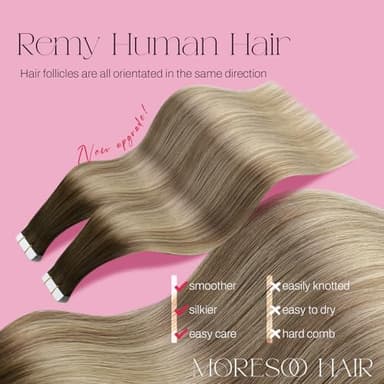 Moresoo Hair Extensions Tape in Human Hair Extensions Brown Balayage Tape in Extensions Real Hair Ombre Brown to Light Brown Mix with Blonde Glue in Extensions 14 Inch #3/8/22 20pcs 50g - Image 2