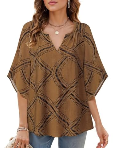 Bebonnie Womens 3/4 Sleeve V Neck Bohemian Peasant Blouses Casual Loose Fit Tunic Tops Diamond Brown XXL - Image 2