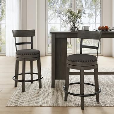 Signature Design by Ashley Caitbrook | Farmhouse Swivel 24" Counter Height Barstool – 360° Swivel, Upholstered with Nailhead Trim, Metal & Wood Frame, Gray - Image 2