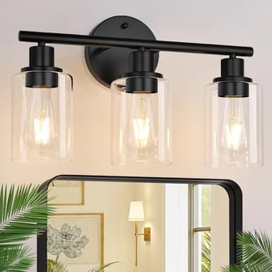 Zarbitta 3-Light Bathroom Light Fixtures, 17.23" Black Modern Vanity Lights with Clear Glass Shade, Bathroom Wall Lamp for Mirror Kitchen Living Room Hallway Cabinet Porch - Image 1