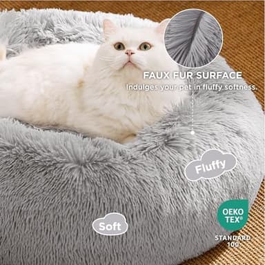 Bedsure Calming Cat Beds for Indoor Cats - Small Cat Bed Washable 20 inches, Anti-Slip Round Fluffy Plush Faux Fur Pet Bed, Fits up to 15 lbs Pets, Pale Grey - Image 2