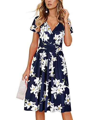 OUGES Womens Summer Dress Casual Dresses for Women Short Sleeve V-Neck Pattern Knee Length Dress with Pockets Spring Dresses 2025(Floral01,M) - Image 1
