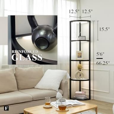 FENLO Corner Floor Lamp with Shelves, Dimmable LED Corner Shelf with Lights, Standing Lamp for Living Room, Shelf Lamp with Full Brightness Control, Color Changing Temps, and Reinforced Glass - Image 2