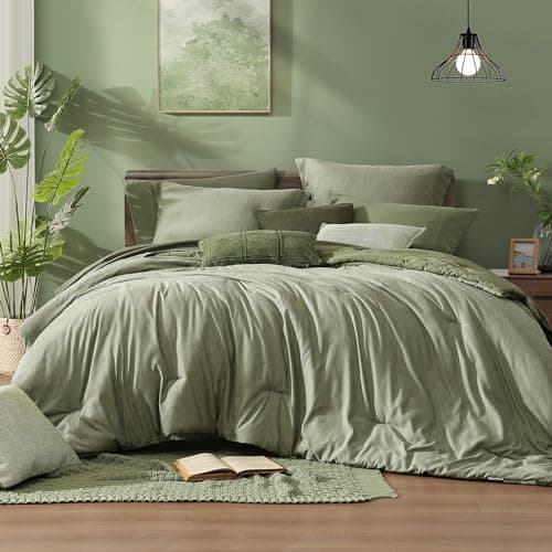 Monbix King Size Comforter Set, Sage Green King Size Bed Set Reversible 7 Pieces, Cationic Dyeing Bed in a Bag with Comforter, Sheets, Pillowcases & Shams - Image 1