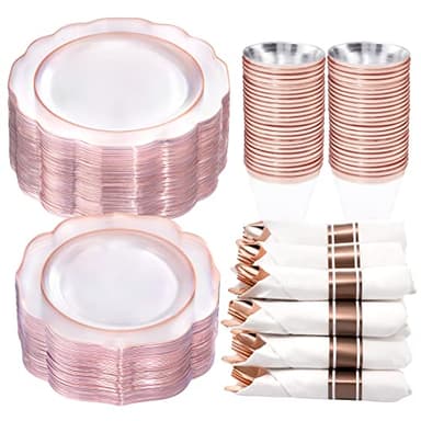 NOCCUR 350PCS Rose Gold Plastic Plates - Clear Rose Gold Disposable Dinnerware Set - Include 100 Dinner/Dessert Plates,50 Cups,50 Pre Rolled Napkins with Cutlery Set - Ideal for Party&Wedding - Image 1