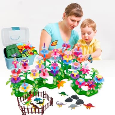 Leetous Birthday Toys Gifts for Toddlers Boys Girls Age 2 3 4 5 6,167 PCS Dinosaur Flower Garden Building Blocks,STEM Fine Motor Skill Stacking Games, Birthday Gifts for Preschool Kids 2+ Years Old - Image 2