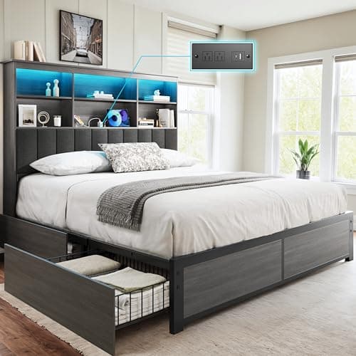 HISOFT Queen Bed Frame with Storage Headboard, Wood Bed with High Storage Bookcase, 4 Drawers & LED & Charging Station,No Box Spring Needed/Noise Free/All-Metal Support, Rustic Grey - Image 1