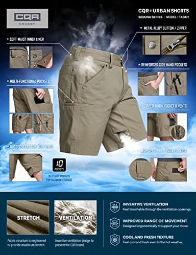 CQR Men's Stretch Utility Shorts, Lightweight Quick Dry Casual Shorts, Hiking Golf Cargo Shorts with Zipper Pockets, Sedona Shorts Tan, 42W x 10L - Image 4