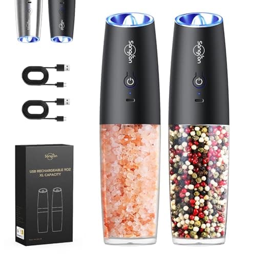 Sangcon Gravity Electric Salt and Pepper Grinder Set Shakers - UPGRADED RECHARGEABLE 9OZ XL Capacity USB-C No Battery Needed - LED Light One Hand Operation, Adjustable Coarseness Automatic Mill Set - Image 1