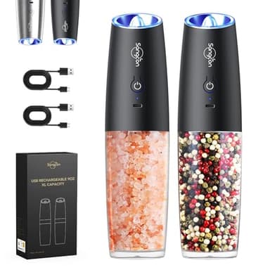 Sangcon Gravity Electric Salt and Pepper Grinder Set Shakers - UPGRADED RECHARGEABLE 9OZ XL Capacity USB-C No Battery Needed - LED Light One Hand Operation, Adjustable Coarseness Automatic Mill Set - Image 1