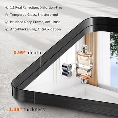 CIRCUMI Black Bathroom Mirror, 30"x30" Rectangular Mirror with Deep Metal Frame, Rounded Corner, Tempered Glass, Square Mirror for Wall, Oversink, Bedroom, Living Room, Vanity, Entryway, Crystal-Clear - Image 4