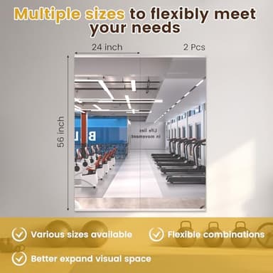 LOAAO Home Gym Mirror, 56"x24"-2 PCS Gym Mirrors for Wall, Frameless, Tempered Glass, Large Workout Mirrors for Home Gym, Dance Studio, Yoga Room, Garage Gym - Image 3