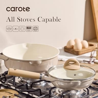 CAROTE 10" Ceramic Frying Pan with Lid, Non Stick Frying Pan Skillet Chef's Pan, Healthy & PFOA/PFAS Free, Induction-Compatible, Taupe - Image 4