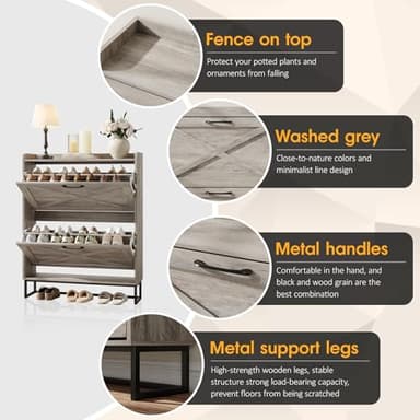 Maupvit Shoe Cabinet with 2 Flip Drawers, Freestanding Shoe Cabinet Organizer with Metal Legs, Shoes Storage Cabinet for Entryway, Narrow Shoe Rack Cabinet, Washed Gray - Image 4