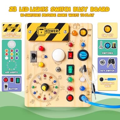 Iabedi Busy Board, Montessori Toy for 1-3 Years Old, Wooden Toddler Sensory Travel Toy, Ideal Gift for 1+ Year Old Boys (Busy Board Plus V2), Medium, Yellow - Image 2