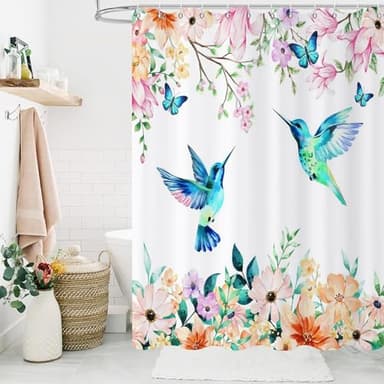 Caheansi Hummingbird Floral Shower Curtain, Spring Watercolor Flowers Blossom with Leaves Butterflies Plants Bathroom Curtain Waterproof Fabric Machine Washable with Hooks, 72" Wx72 L - Image 2