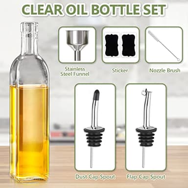 Leaflai 17oz Olive Oil Dispenser Bottle, 500ml Oil & Vinegar Cruet with 2 Stainless Steel Pourers, 2 Labels,1 Brush and 1 Funnel for Kitchen - Image 2