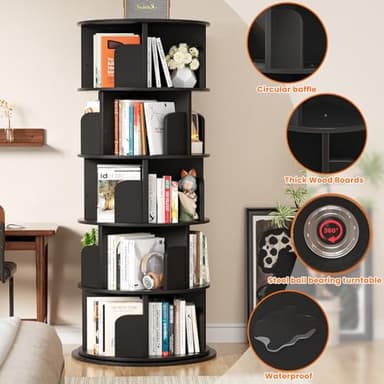 Besiost Rotating Bookshelf Tower, 5 Tier Spinning Bookcase, Revolving 360 Book Shelf Narrow Tall Bookcase, Vertical Turning Round Bookshelf Organizer, Wood Corner Book Shelf for Small Space, Black - Image 7