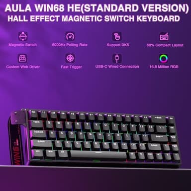 AULA WIN68 HE Mechanical Gaming Keyboard 60%, Hall Effect Magnetic Switch, Fast Trigger Mode Adjustable Actuation, 8000Hz Polling Rate, RGB Backlit, Wired Black Keyboard for Laptop/PC Gamer - Image 2
