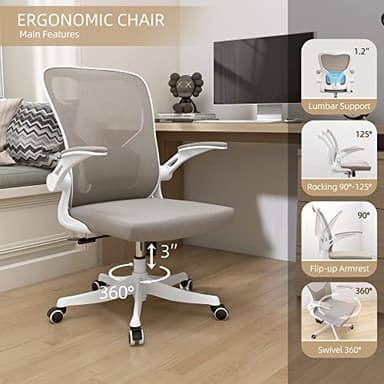 Monhey Office Chair Ergonomic Desk Chair with Lumbar Support&Headrest&Flip-up Arms Height Adjustable Rocking Swivel High Back Computer Chair Warm Taupe Mesh Study Chair (01Khaki) - Image 3