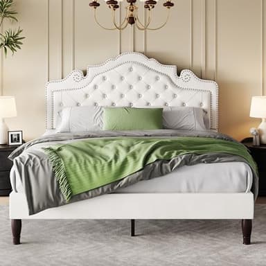 SHA CERLIN Queen Size Bed Frame with Adjustable Headboard/Velvet Upholstered/Diamond Button Tufted and Metal Studs/No Box Spring Needed/Sturdy Wood Slat Support/Easy Assembly/White - Image 1