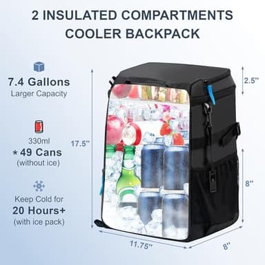 SPARTER Backpack Cooler Insulated Leak Proof 49 Cans, 2 Insulated Compartments Thermal Bag, Portable Lightweight Beach Travel Camping Lunch Backpack for Men and Women - Image 2