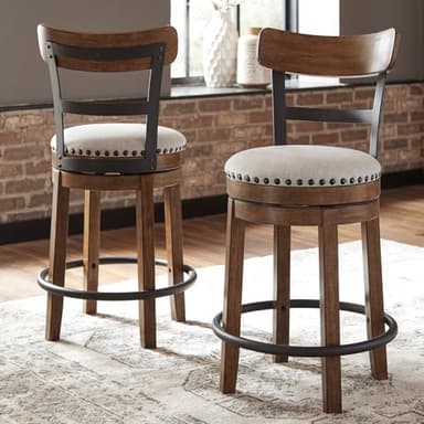 Signature Design by Ashley Valebeck Rustic Farmhouse Swivel Bar Stool – 24.5″ Counter Height, 360° Swivel Metal & Wood Frame, Polyester Upholstery – Brown - Image 2