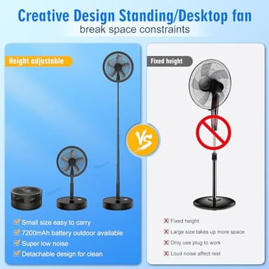 LIPETY Portable Foldable Rechargeable Oscillating Fan - 9" 7200mah Battery Operated USB C Small Fan Remote, Quiet Table Desk Fan Folding Standing Pedestal Fans for Bedroom Rome Office Camping Travel - Image 4