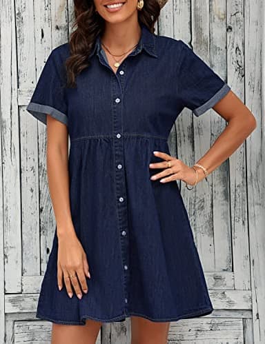 LookbookStore Denim Dress for Women Summer Women's Blue Jean Dress for Summer Short Sleeve Babydoll Dress with Lapel Collar Button Down Dress Loose Denim Dress for Women Casual Twilight Blue Size L - Image 5