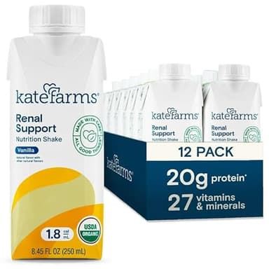 KATE FARMS Organic 1.8 Renal Support Shake, Vanilla, 20g Protein, 27 Vitamins and Minerals, Specialized Dialysis Nutrition Support, 8.45 oz (12 Pack) - Image 1