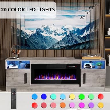 PRETZI Fireplace TV Stand with 36" Fireplace Up to 80" TVs,70" Entertainment Center with LED Lights,Remote Control,TV Media Console with Storage Cabinets for Living Room, Gray - Image 5