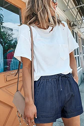 ONLYSHE Women Ladies Comfy Drawstring Elastic Waist Pocketed Summer Casual Loose Frayed Raw Hem Shorts Dark Blue-XXL - Image 4
