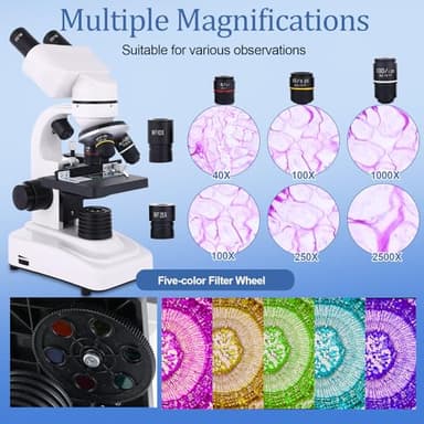 Microscope for Adults & Kids,40-2500X Binocular Microscope for Students, School Lab & Home Schooling,Equiped with Mechanical Stages,Slides Set & Phone Holder - Image 3