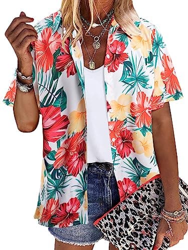 MYHALF Women Hawaiian Shirt Soft Cool Summer Hawaii Shirts Floral Tropic Print V Neck T-Shirt Short Sleeve Button Up Tops - Image 3