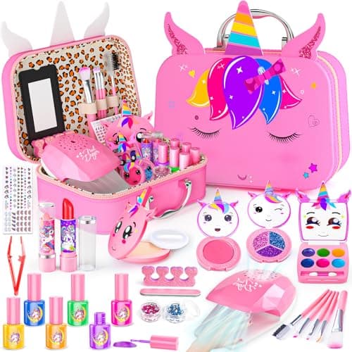 Kids Makeup Kit for Girl - 2 In 1 Kids Washable Makeup Toys & Nail Art Kits with Nail Dryer and Cosmetic Case, Princess Dress Up Set for Girls, Real Girls Makeup Set for Ideal Gifts Toys for 3-12 Year - Image 1