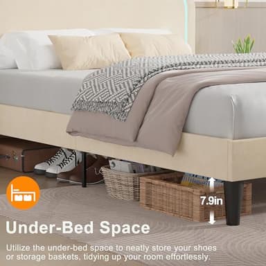 VECELO Upholstered Full Bed Frame with Headboard Adjustable, LED Lights, USB-A & Type-C, Velvet Platform Bed Noise Free, Mattress Foundation with Wooden Slats, No Box Spring Needed, Beige - Image 5