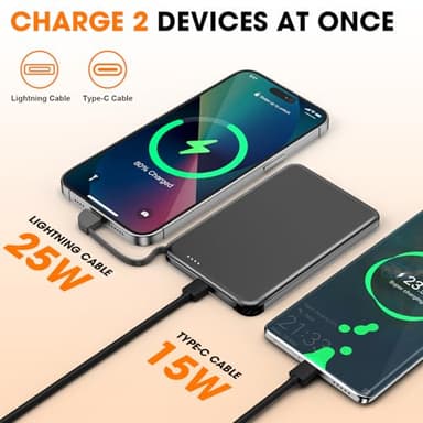 NZKEEYZI for MagSafe Portable Charger, 0.3" Ultra Slim 5000mAh Magnetic Power Bank, 25W PD Fast Charging Battery Pack with Built-in Cable, Travel Battery Bank for for iPhone 16/15/14/13/12, Black - Image 3