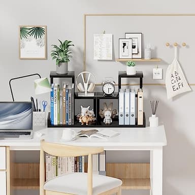 Gannyfer Desk Shelf Organizer - Wood Desktop Shelf, Freestanding Desk Hutch Office Decor, 3 Tier Storage Display Rack, Small Bookshelf with Metal Frame for Books/Plants/Toys (Black) - Image 6
