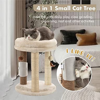 MECOOL 4in1 Small Cat Tree,Scratching Post with Tower Soft Bed, Sisal Carpet Jute Posts with Three Hanging Ball Toys and Massage Brush for Indoor Cats and Kittens - Image 2