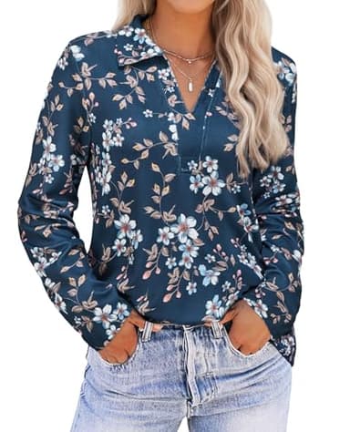 Business Casual Tops for Women,V Neck Polo Shirts for Women Fashion Top Work Attire for Office Fall Blouses Dress Shirts Full Sleeve Professional Formal Clothes Dressy Elegant Blue Floral M - Image 2
