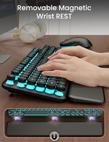 Wireless Keyboard and Mouse Backlit - Typewriter Keyboard with Magnetic Wrist Rest, Retro Round Keycaps, Light Up Letters, 2.4GHz Cordless Combo for Mac, Windows, PC, Laptop, Trueque [Upgraded] - Image 5