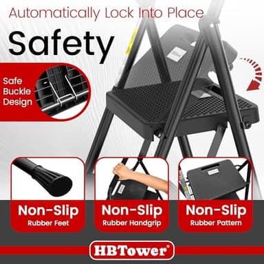 HBTower Step Ladder, Folding Step Stool with Wide Anti-Slip Pedal, Sturdy Steel Ladder, Convenient Handrail, Lightweight, Portable Steel Step Stool - Image 3